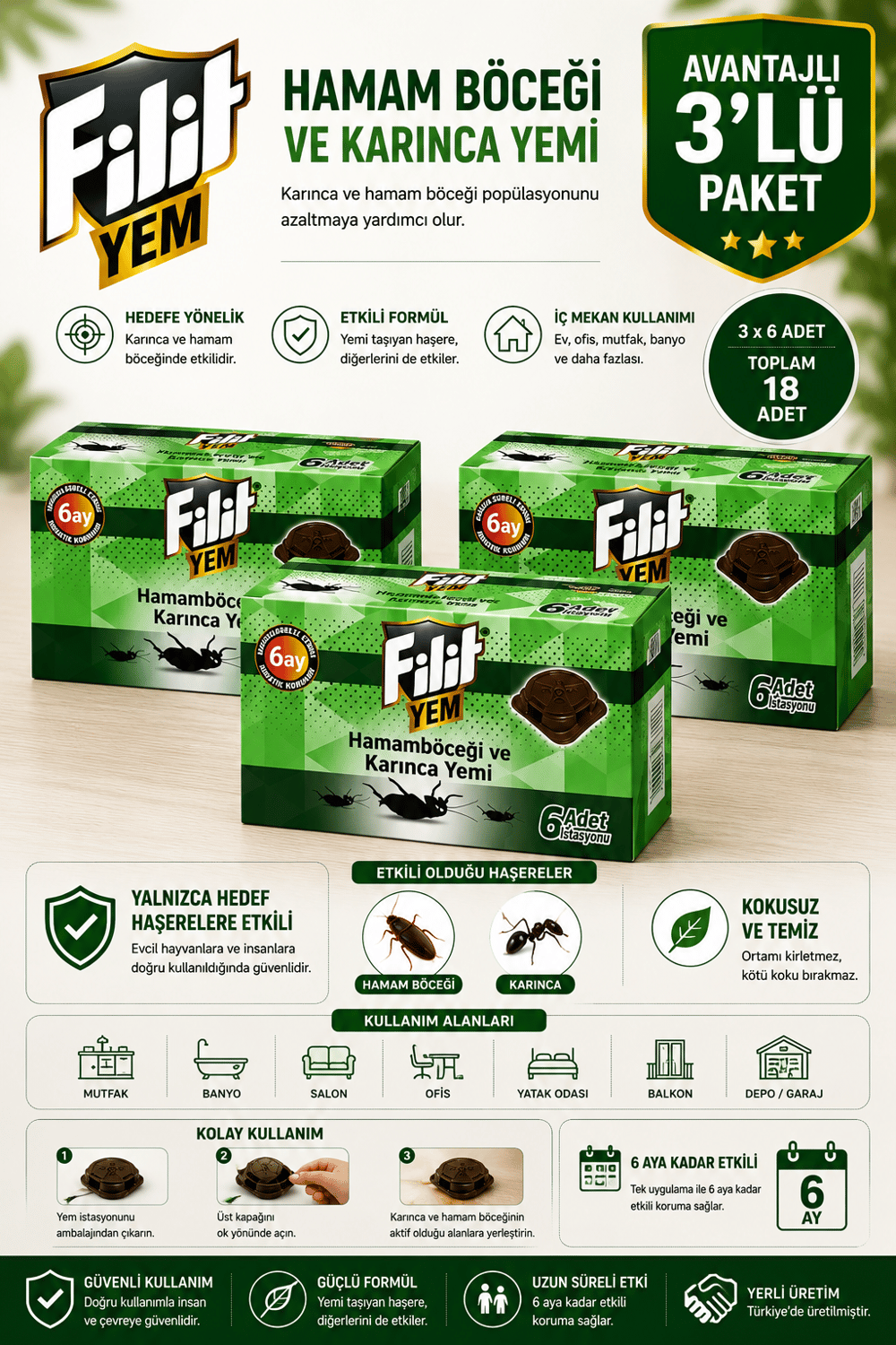 Filit 3 Kutu İstasyonlu Hamam Böceği ve Karınca Yemi