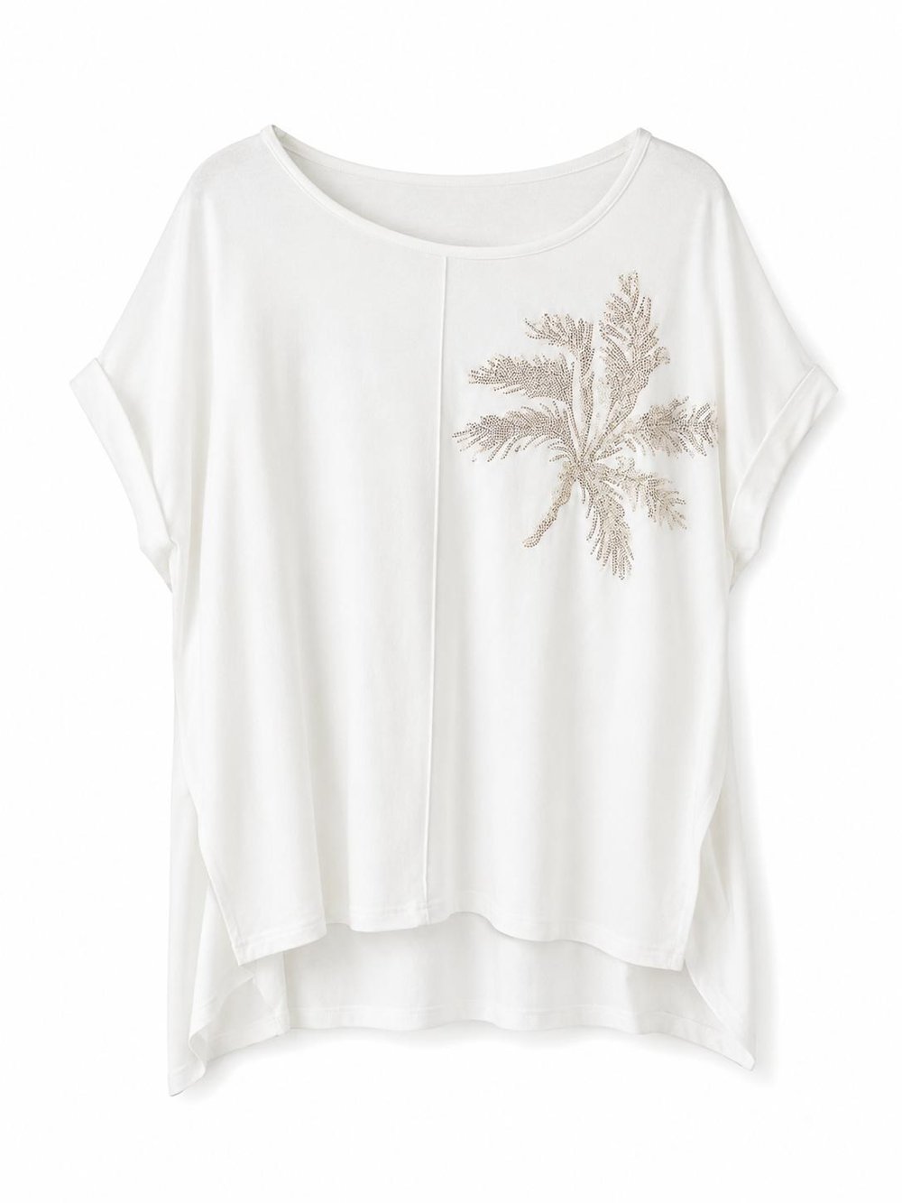 KADIN LİKRALI NAKIŞ DETAYLI DÜŞÜK KOL T-SHIRT