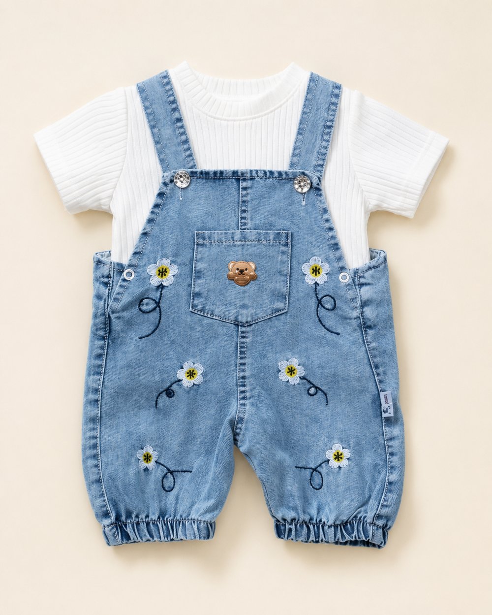 Kız Bebek Papatya Nakışlı Denim Salopet ve Pamuklu Tişört 2'li Takım 9-18 Ay