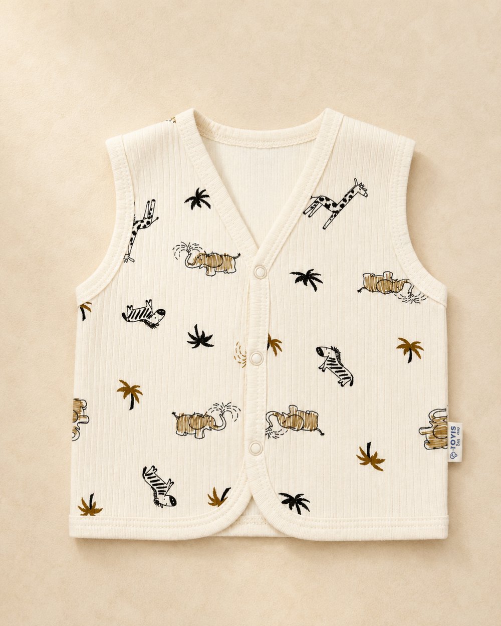 Unisex Bebek Bej Safari Desenli Örme Yelek 6-24 Ay %100 Pamuk