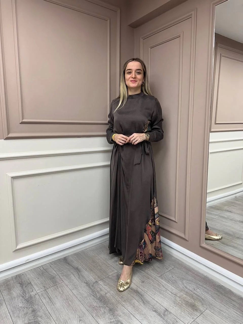 Almarwah Black 303836 Kahverengi Parça Desenli Elbise