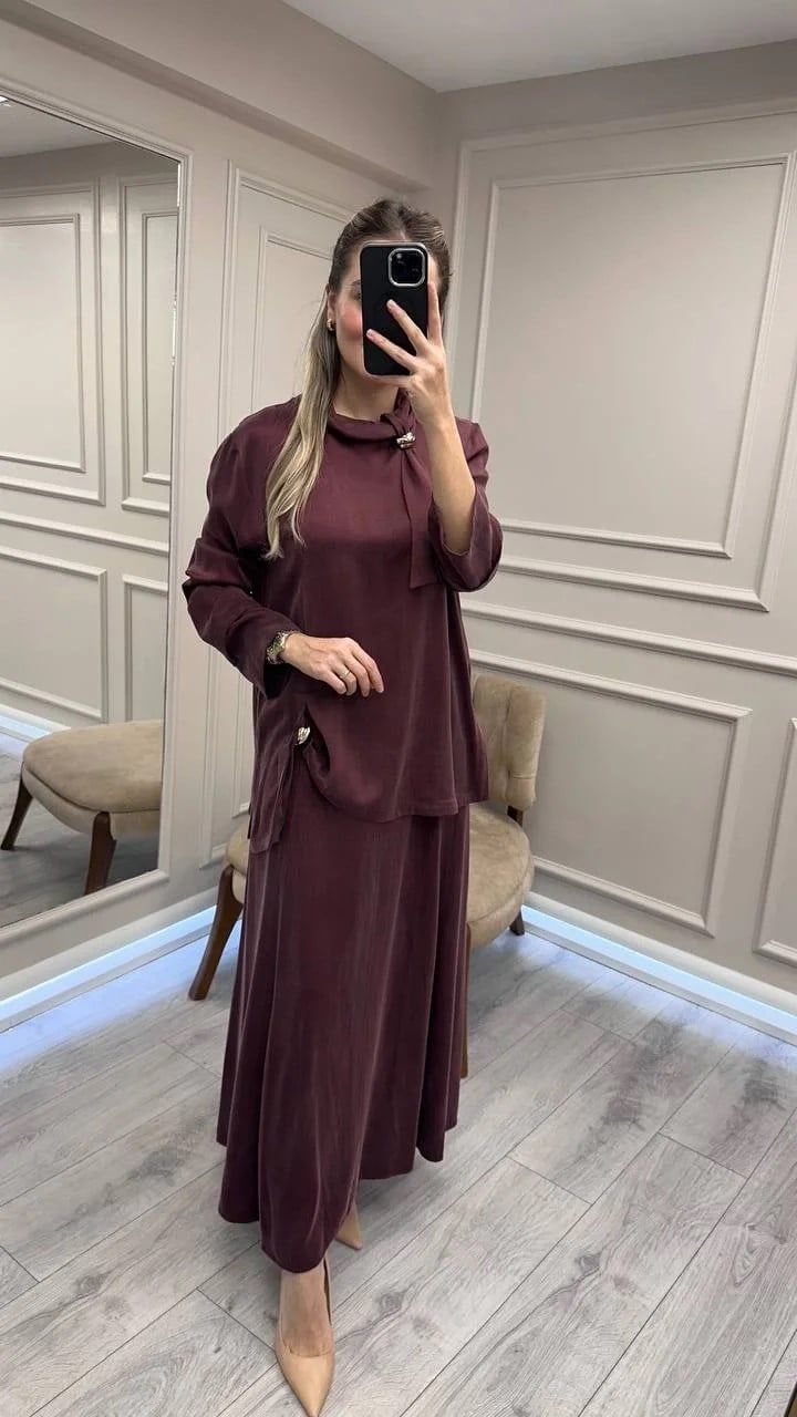 Clande CL25023014 Bordo Yaka Detaylı Etekli Takım