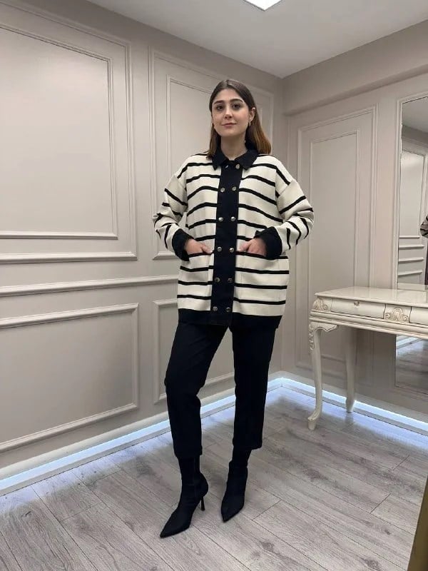 Exquise E26Y06225002 Siyah Krem Gaetan Triko Hırka