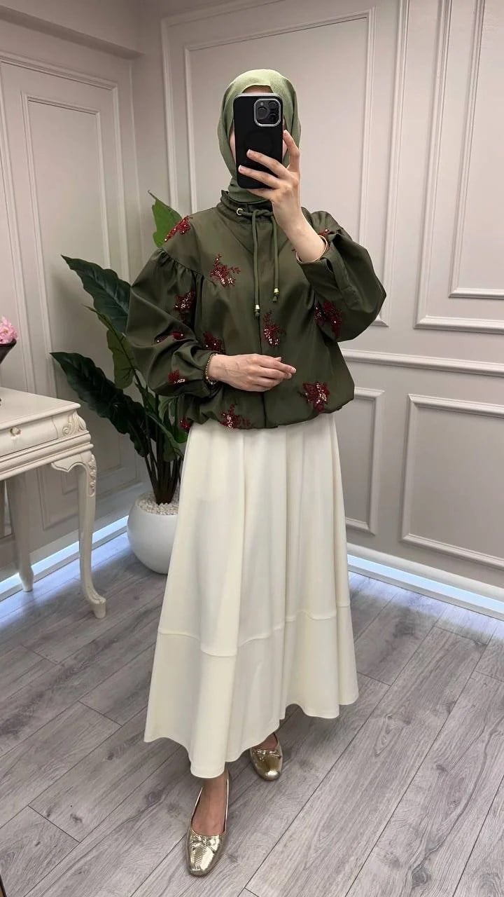 Ghisa 3610C3420 Yeşil İşleme Detaylı Kısa Ceket