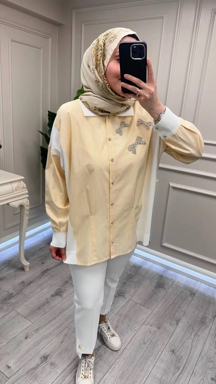 Ghisa 3610T4327 Sarı Yakası Taş Detaylı Tunik