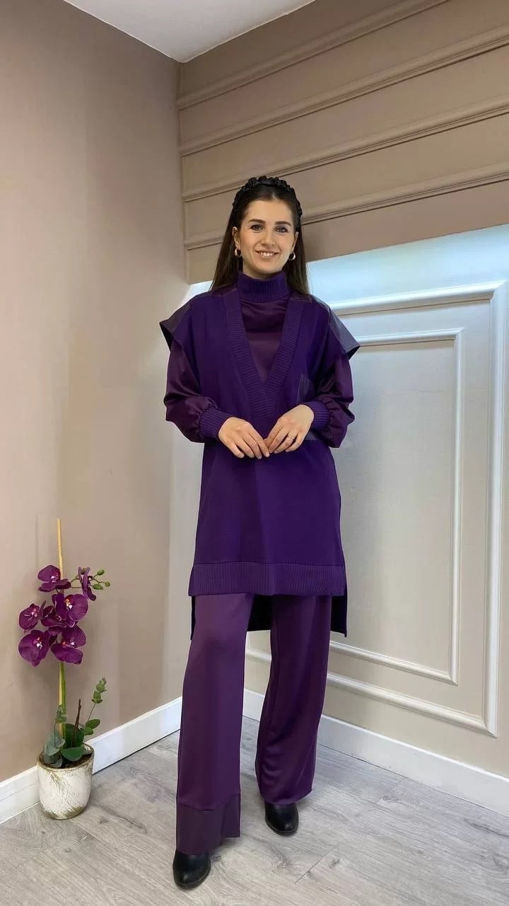 Hukka Design 050014 Mor Deri Şeritli Cepli Pantolon