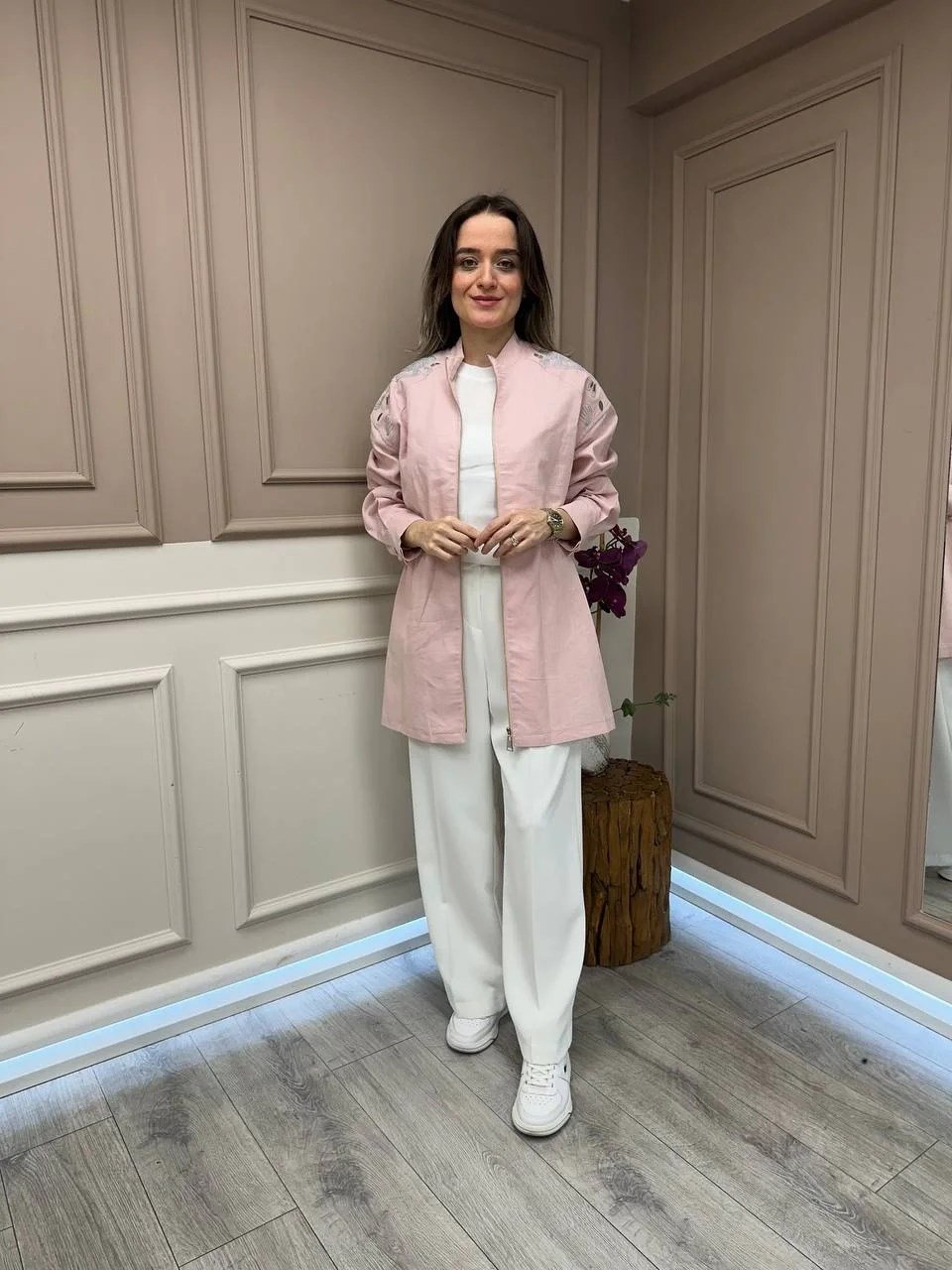 Lisa Exclusive 5040 Pembe Nakışlı Keten Ceket