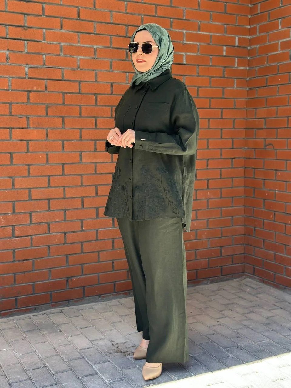 Miss Dalida 2263251 Haki Nakış İşlemeli Keten Gömlek