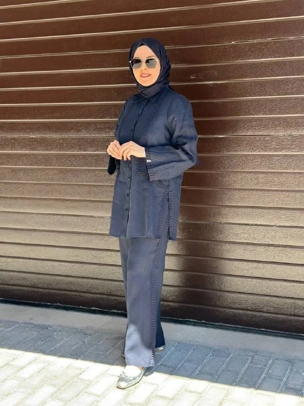 Miss Dalida 2263253 Lacivert Triko Tiktaklı Keten Gömlek
