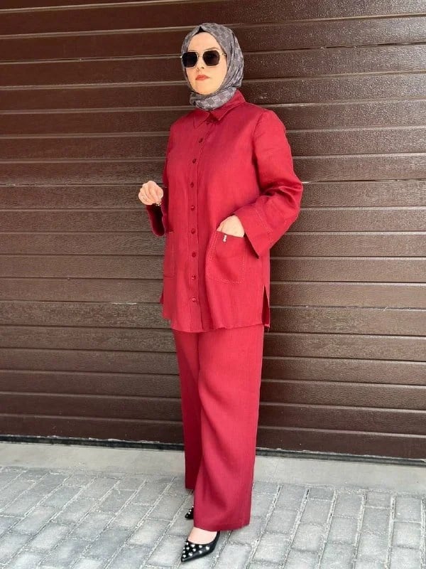 Miss Dalida 2263256 Cherry Minimal Nakışlı Cepli Keten Gömlek
