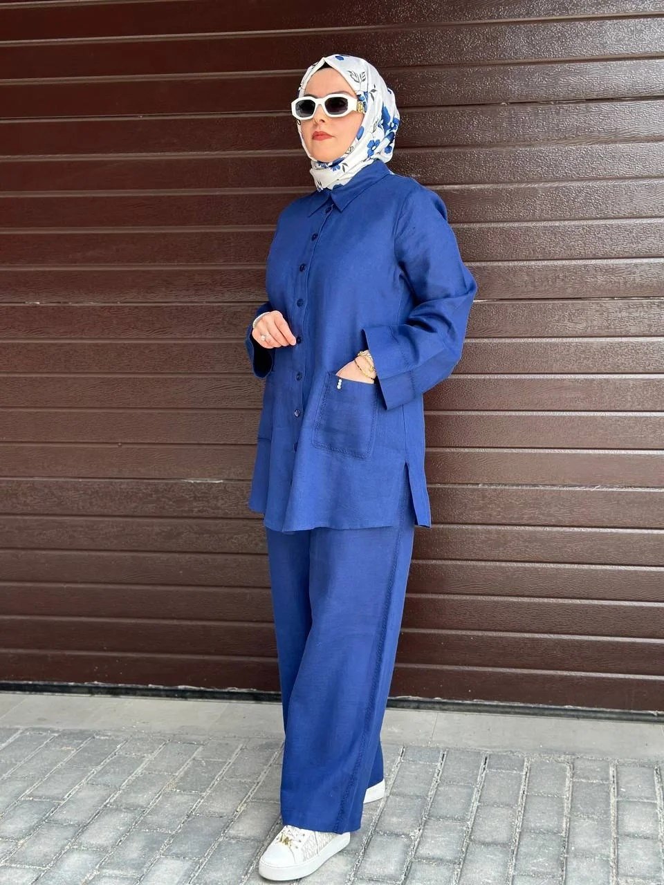 Miss Dalida 2263256 Mavi Minimal Nakışlı Cepli Keten Gömlek