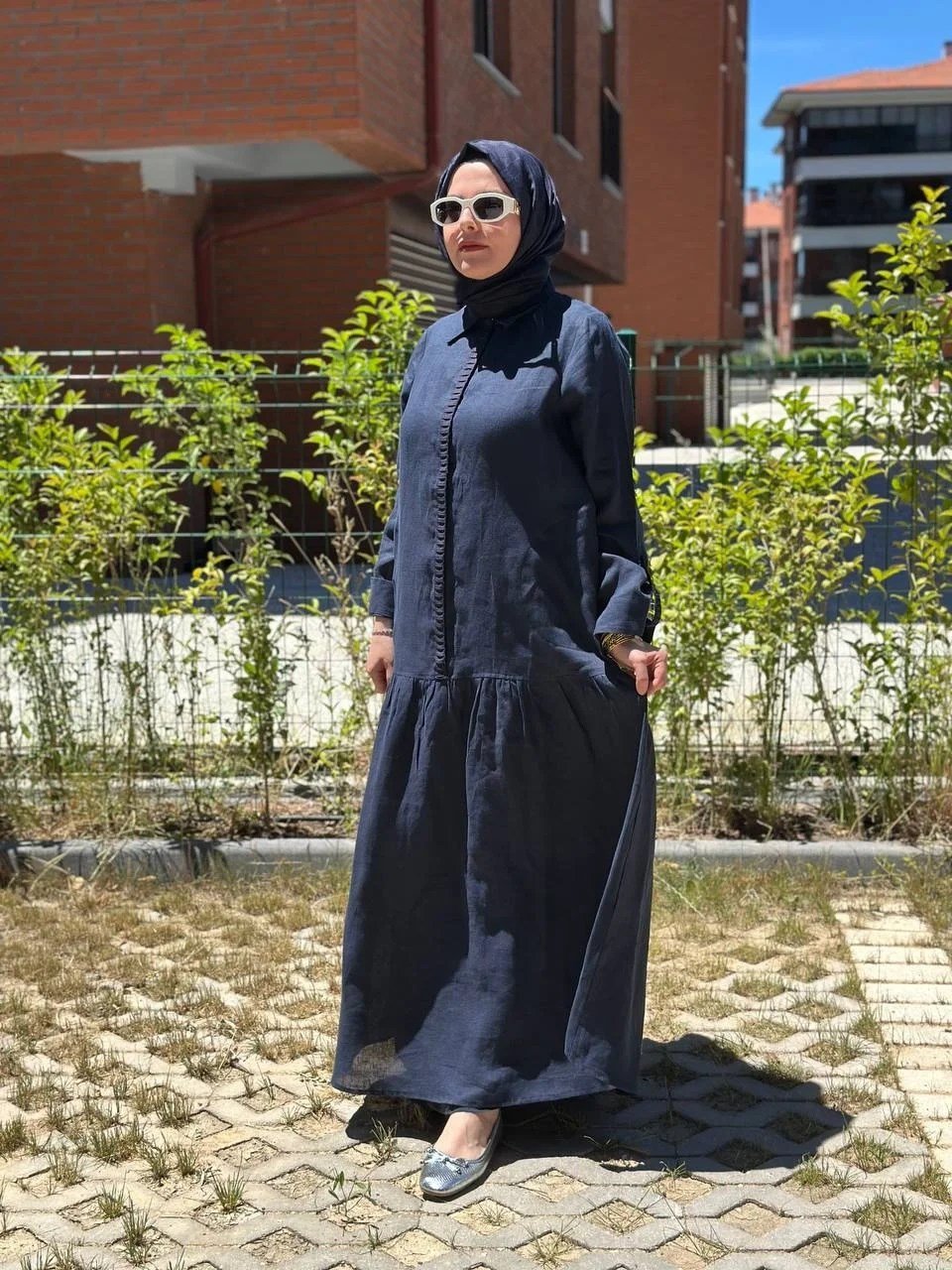 Miss Dalida 2264255 Lacivert Gömlek Yaka Bekletme Detaylı Keten Elbise