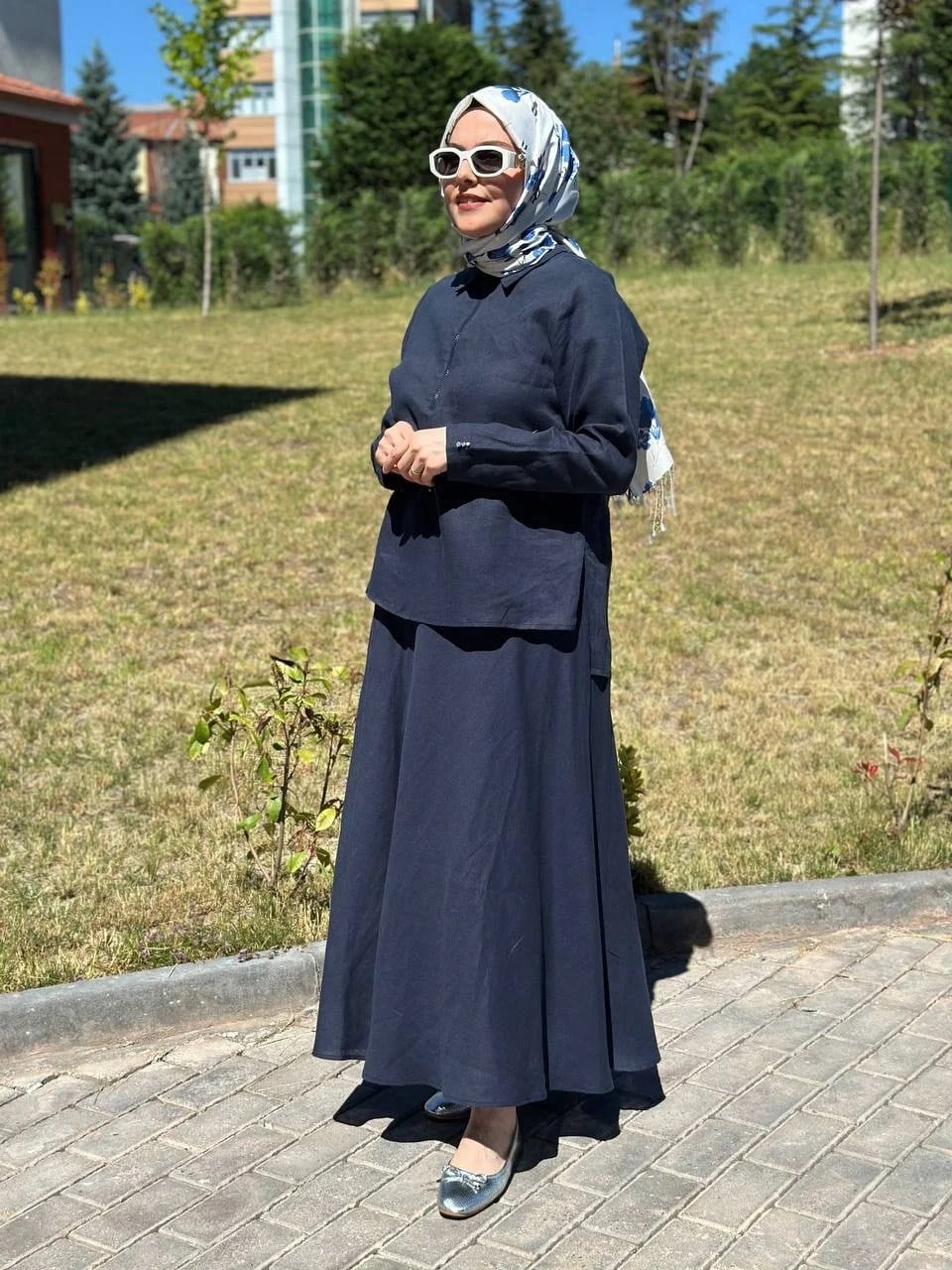 Miss Dalida 2266255-2262258 Lacivert Önü Fermuarlı Keten Gömlek Etek Takım