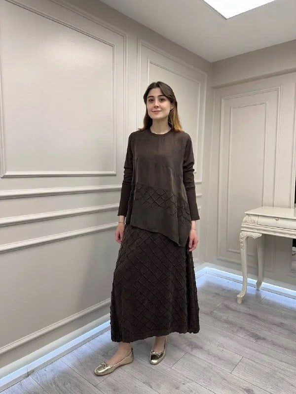 Misswhence 39002 Kahverengi Tunik Etek Takım