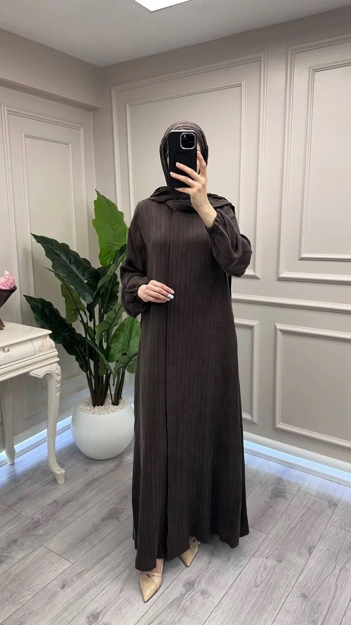 Misswhence 39514 Kahverengi Çizgi Detaylı Şallı Ferace