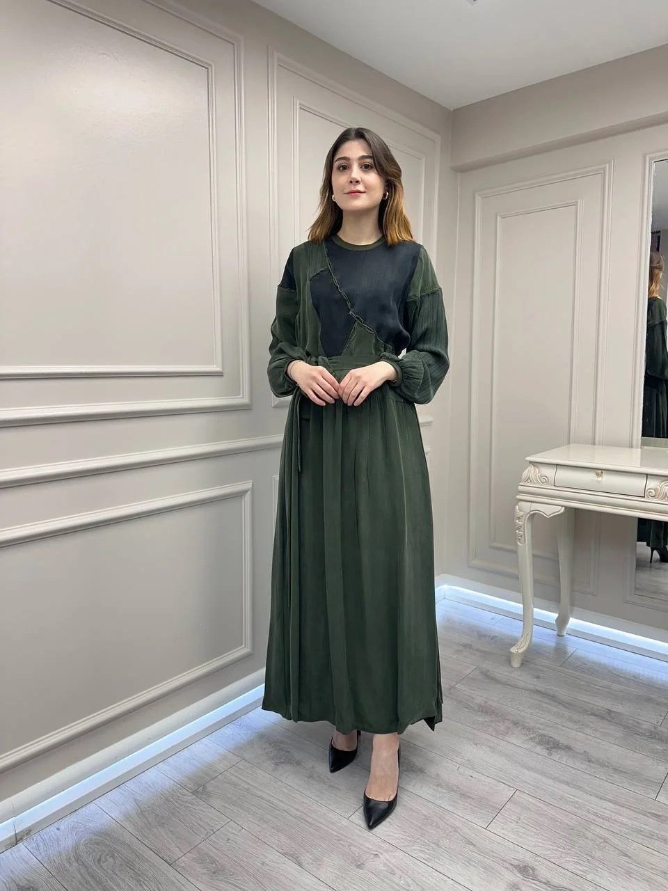 Misswhence 39801 Haki İki Renkli Elbise