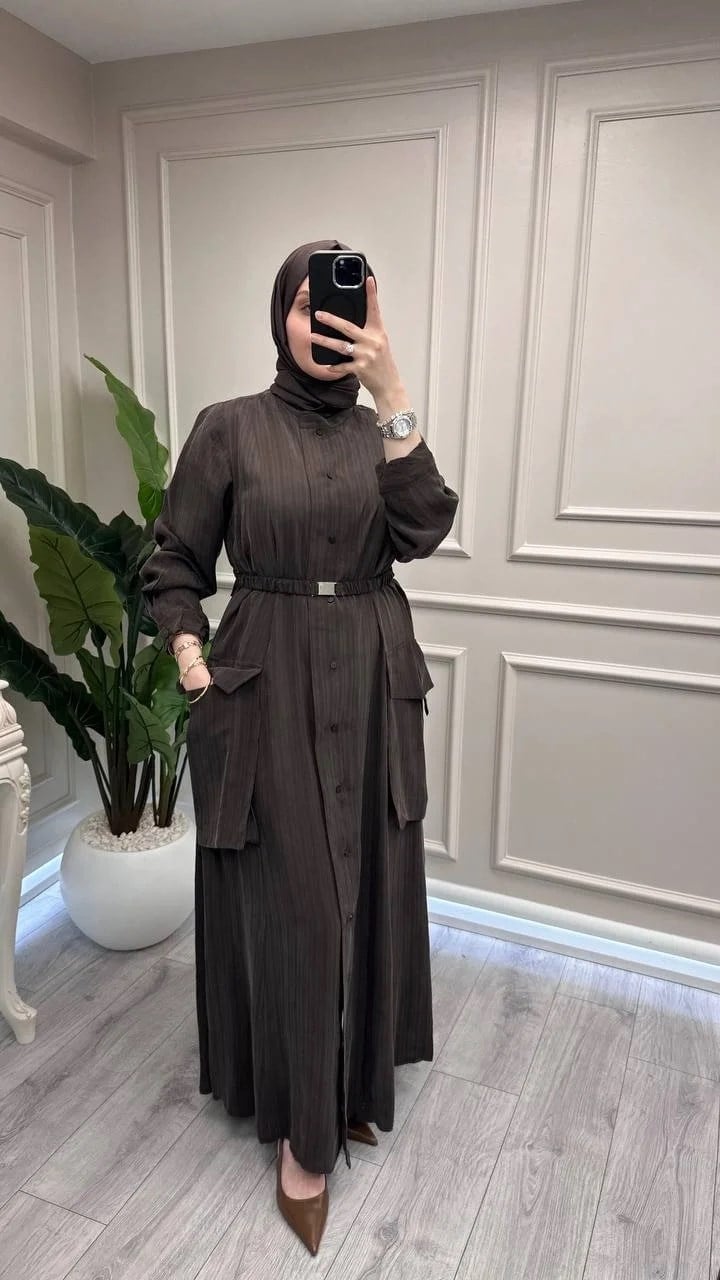 Misswhence 39828 Kahve Kemerli Cep Detaylı Elbise