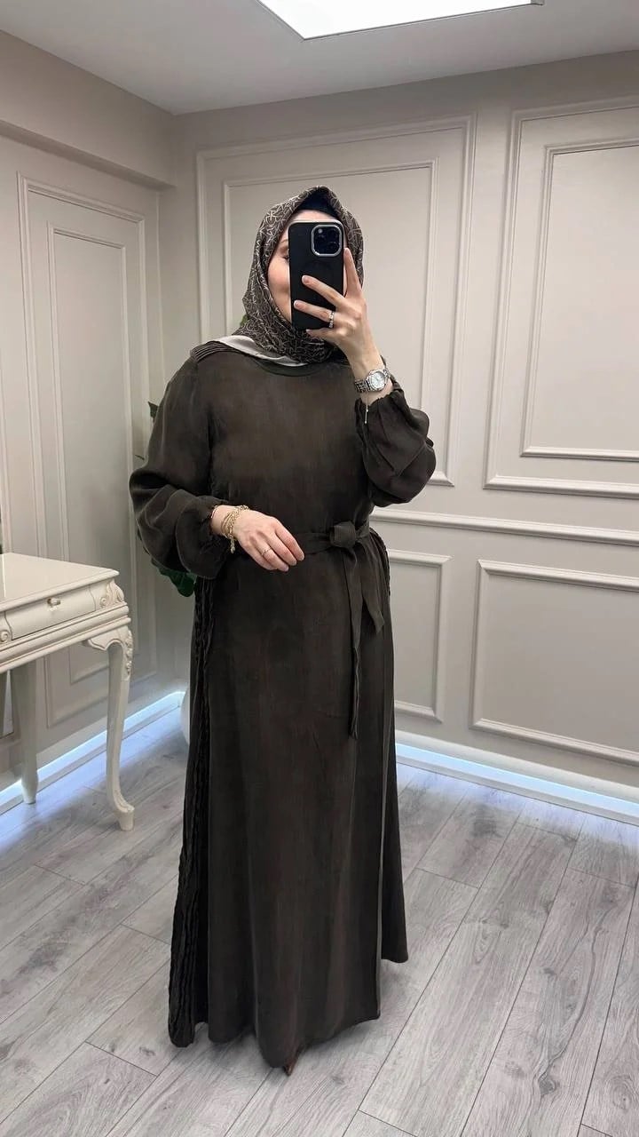 Misswhence 39833 Kahverengi Nervür Detaylı Elbise