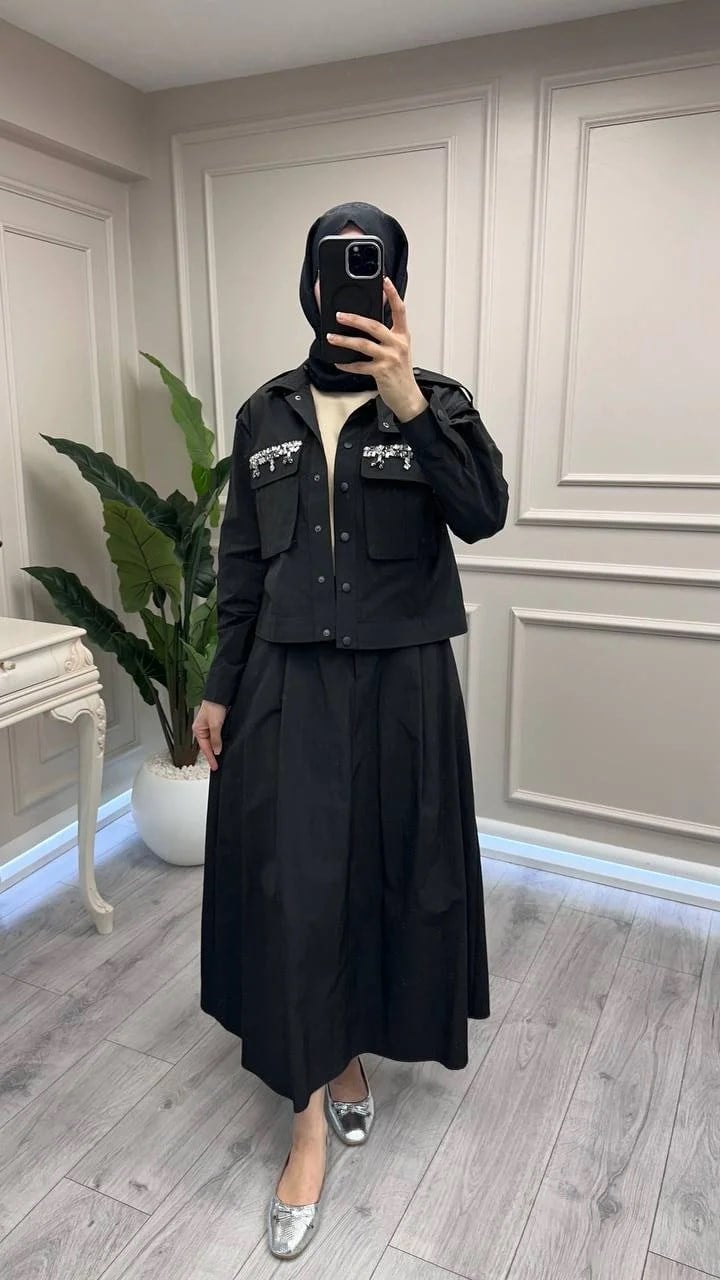 Wennora 1007 Siyah Cepleri Taş İşlemeli Takım