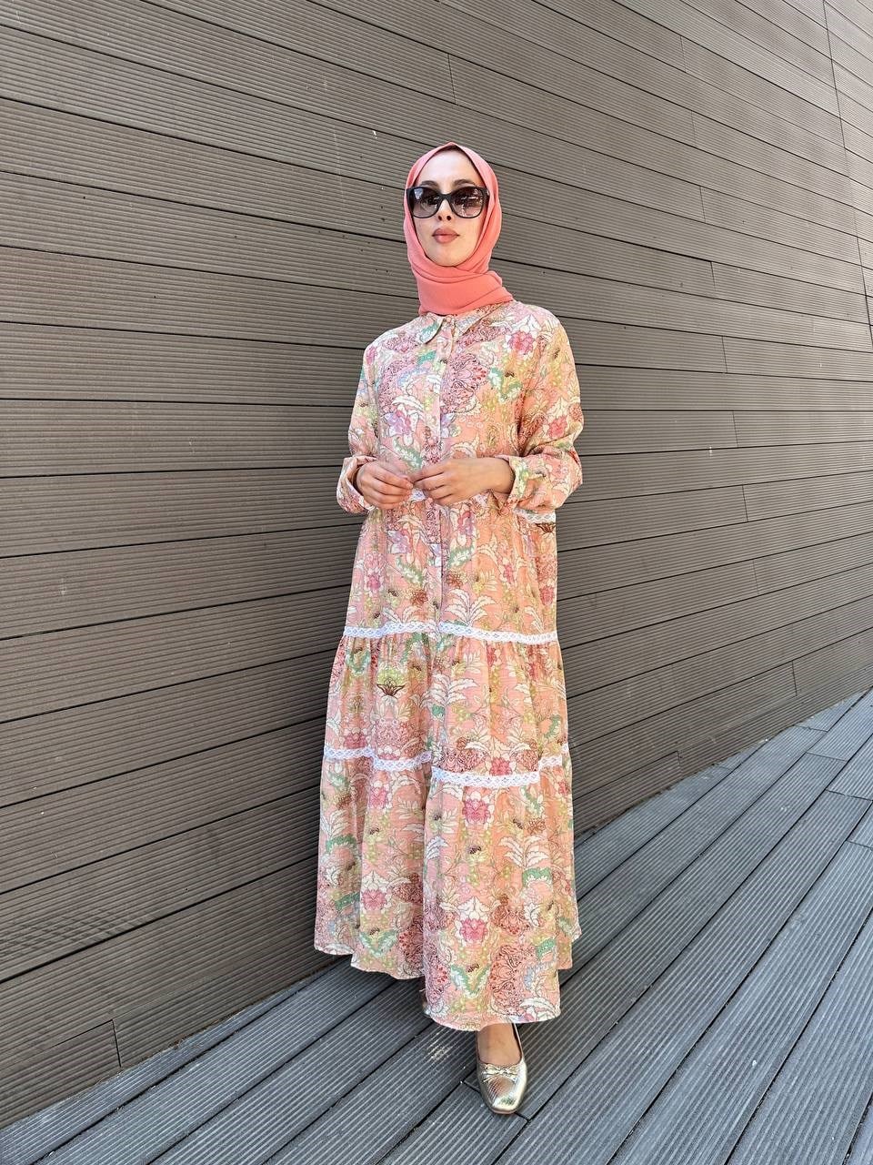 Ghisa 3610E4449 Pembe Desenli Fisto Detaylı Elbise