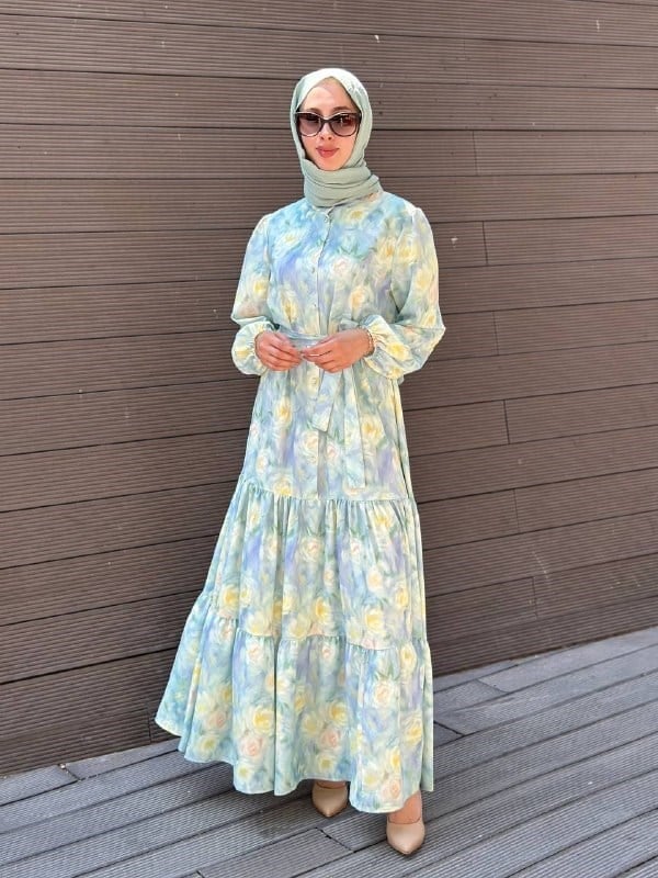Merwish MRW1786 Su Yeşili Bloom Serisi Elbise