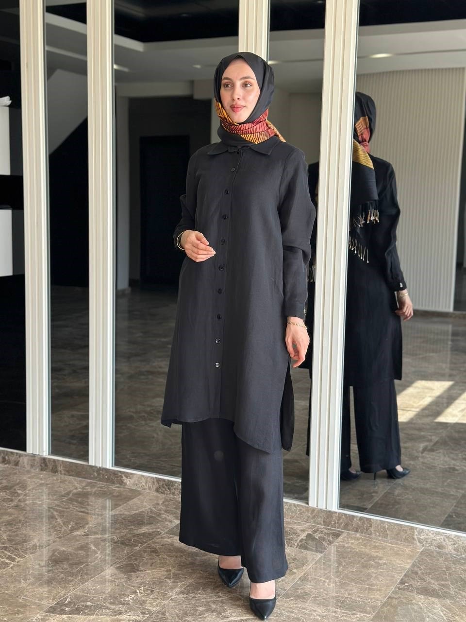 Miss Dalida 2263351 Siyah İpek Keten Uzun Gömlek