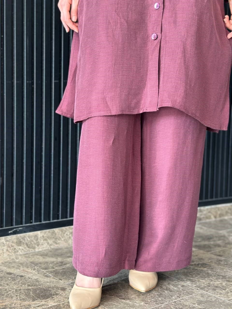Miss Dalida 2267351 Mürdüm Cepli İpek Keten Bol Paça Pantolon