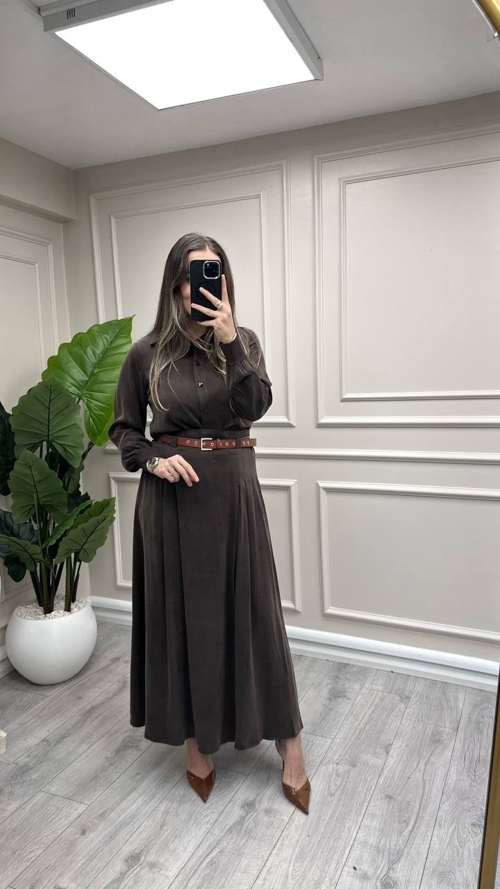 Miss Dalida 3262802 Kemer Detaylı Kahve Uzun Etek 