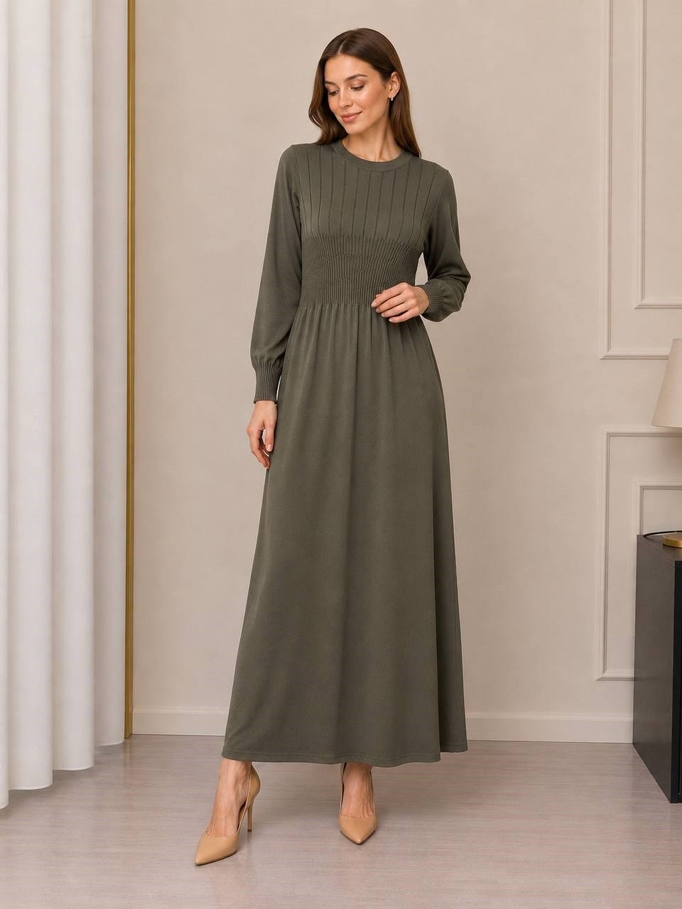 Miss Dalida 3264002 Haki İnce Fitilli Plise Detaylı Triko Elbise