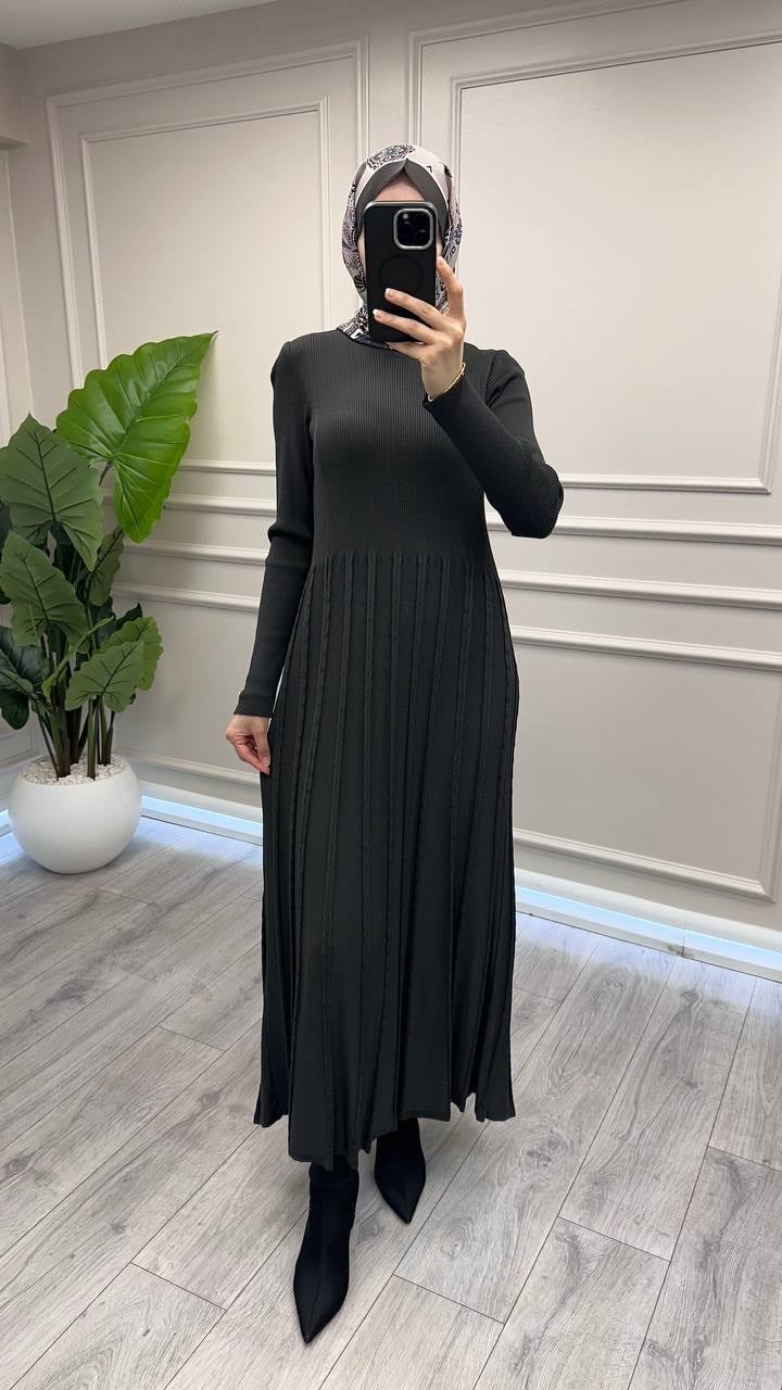 Miss Dalida 3264002 Haki İnce Fitilli Plise Detaylı Triko Elbise