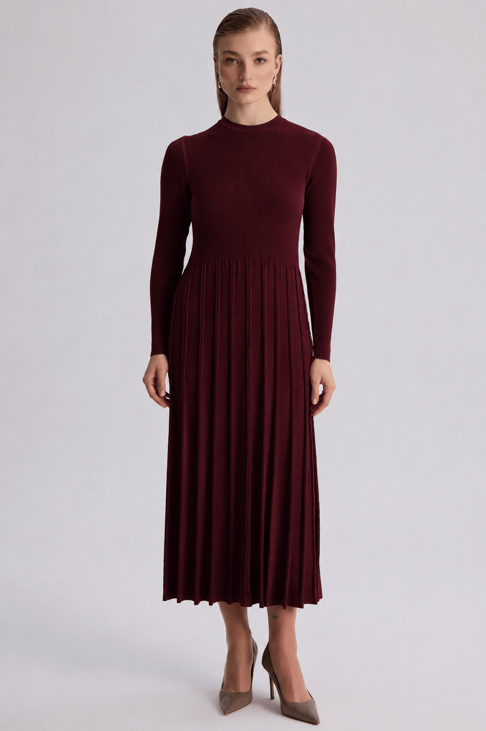 Miss Dalida 3264002 Haki İnce Fitilli Plise Detaylı Triko Elbise