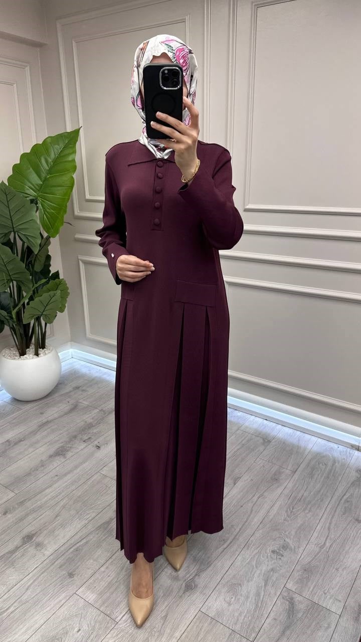 Miss Dalida 3264007 Bordo Pile Detaylı Gömlek Yaka Uzun Elbise
