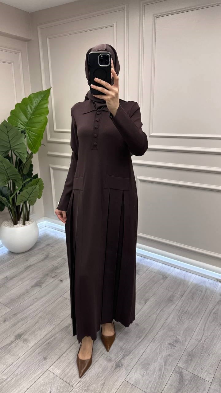 Miss Dalida 3264007 Kahve Pile Detaylı Gömlek Yaka Uzun Elbise