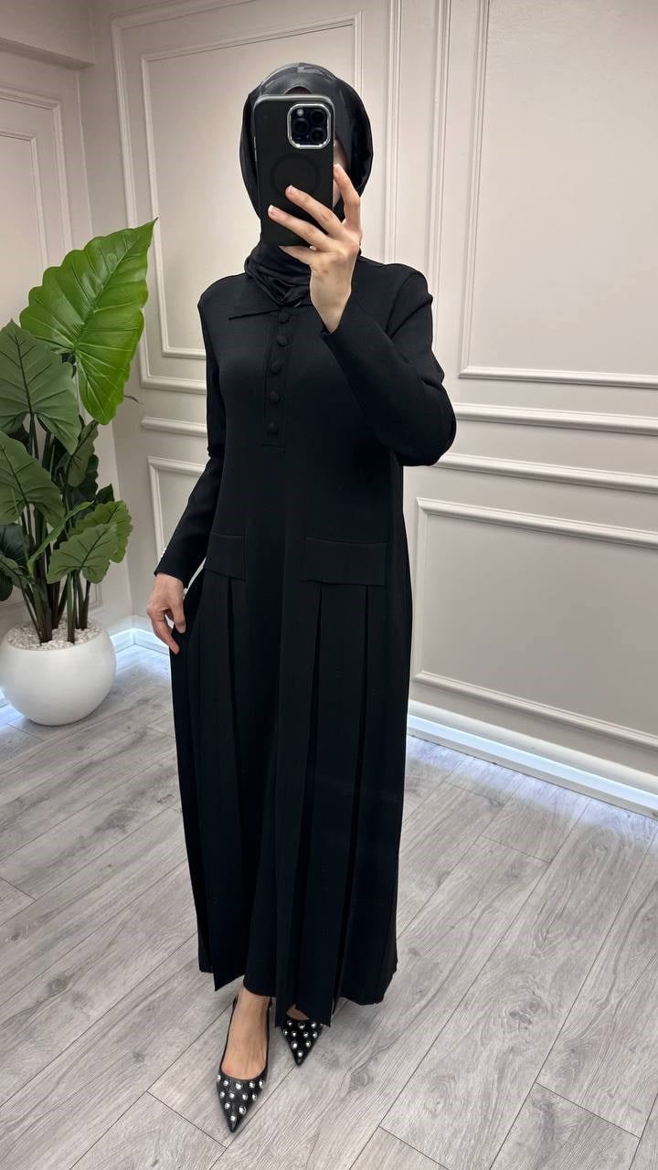 Miss Dalida 3264007 Siyah Pile Detaylı Gömlek Yaka Uzun Elbise
