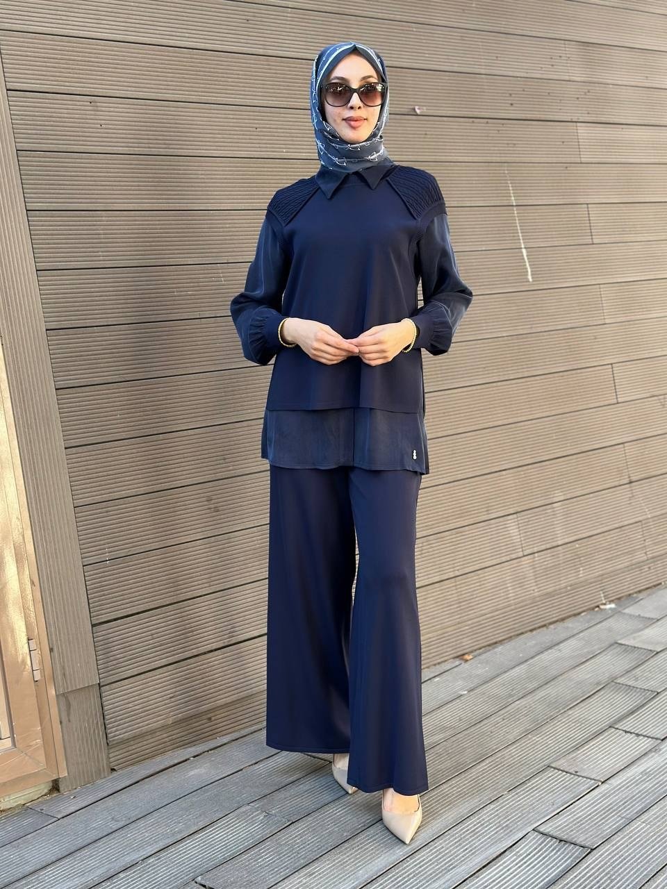 Miss Dalida 3267005 Lacivert Yanı Örgü Detaylı Bol Paça Triko Pantolon