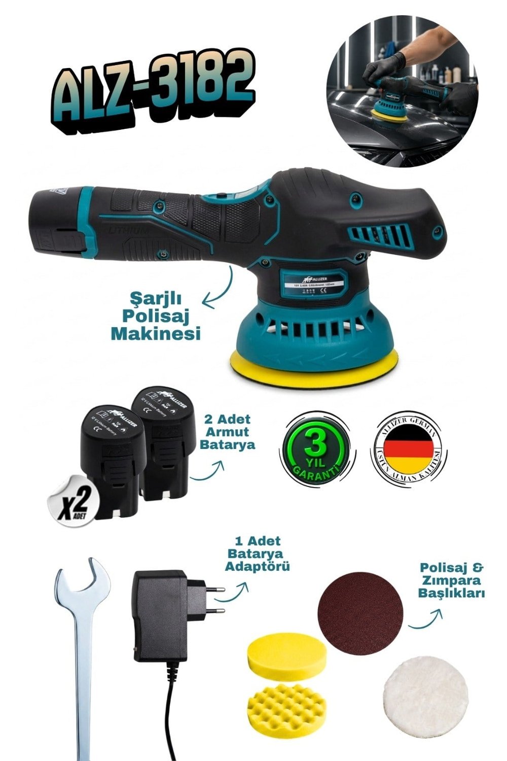 Allizer ALZ-3182 12V 2.0Ah Çift Akülü Dijital Göstergeli Şarjlı Polisaj Makinesi