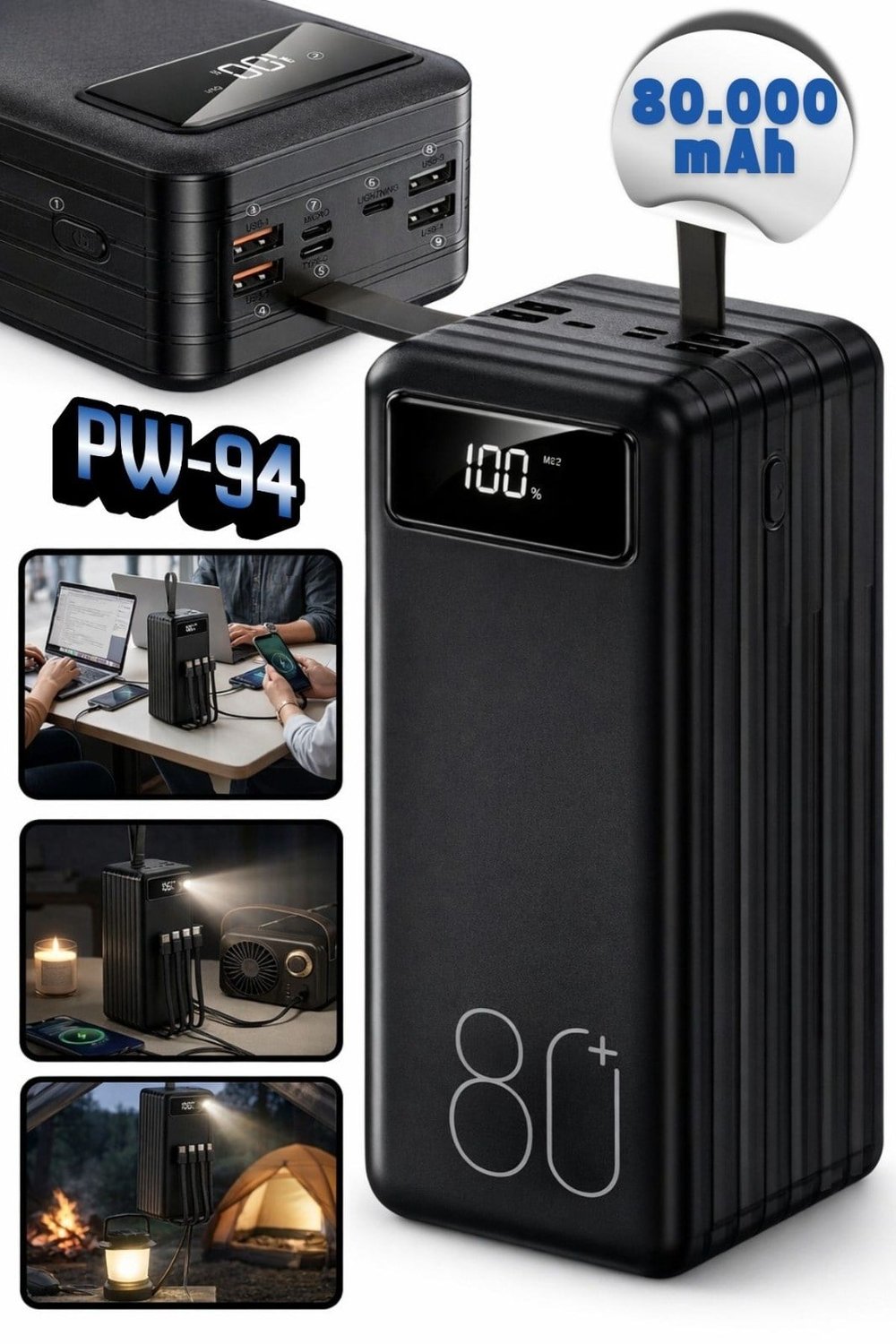 PW-94 80000mAh Taşınabilir Hızlı Şarj Cihazı - El Fenerli 18W Çoklu Kablolu Outdoor Powerbank