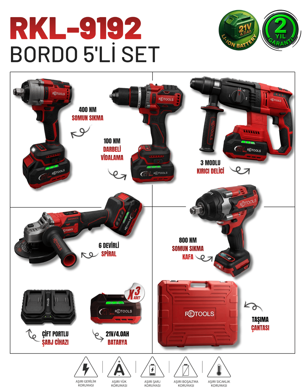 RETOOLS 5'Lİ SET (4'LÜ SET(100 NM) + 800 NM BORDO KAFA)