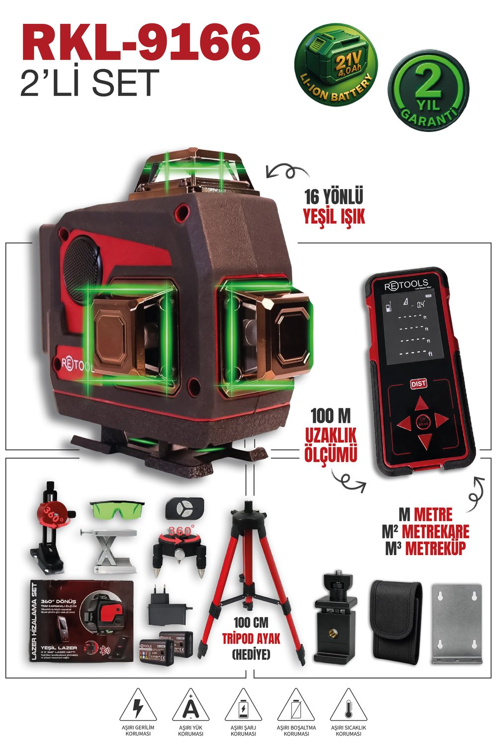RETOOLS BORDO 3'LÜ SET(16 YÖNLÜ LAZER+LAZER METRE+TRİPOD(100M))