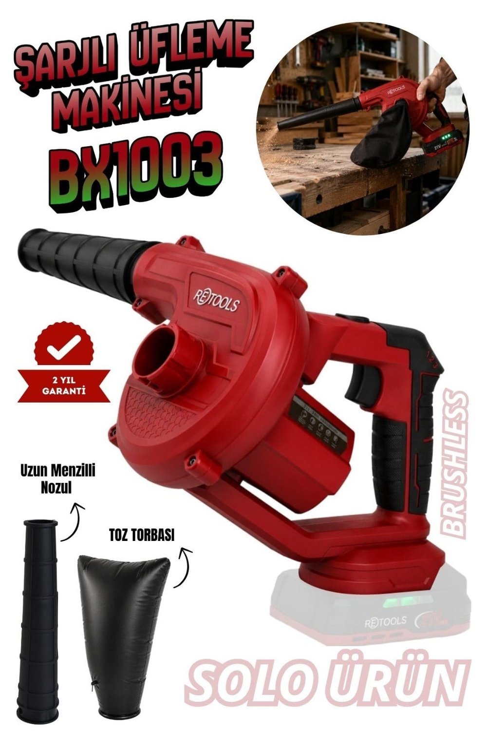 Retools BX1003 Kömürsüz Akülü Üfleme ve Vakum Makinesi (Solo - Bataryasız)