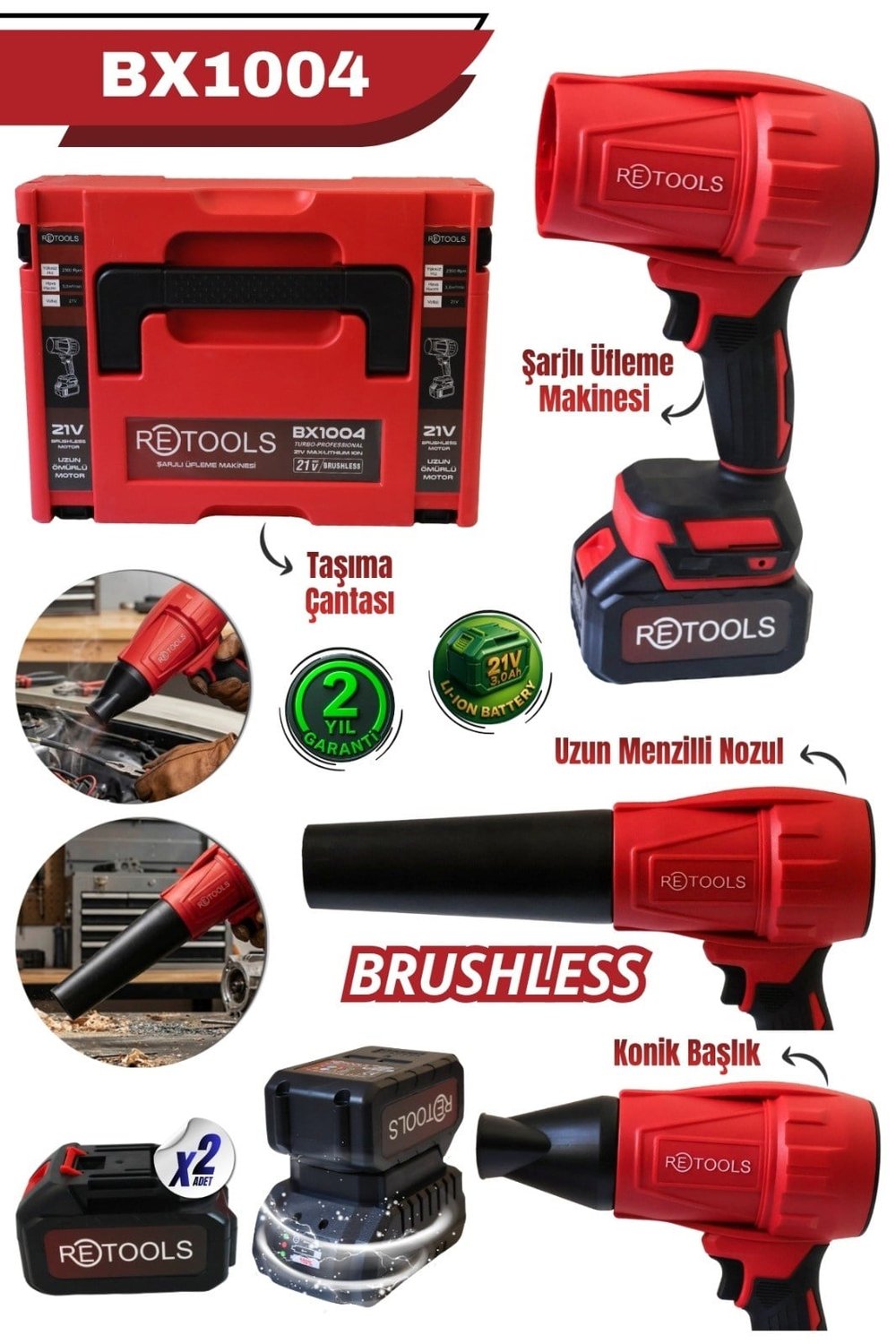 Retools BX1004 21V Brushless Şarjlı Hava Üfleme Makinesi – Çift Akülü Profesyonel Set