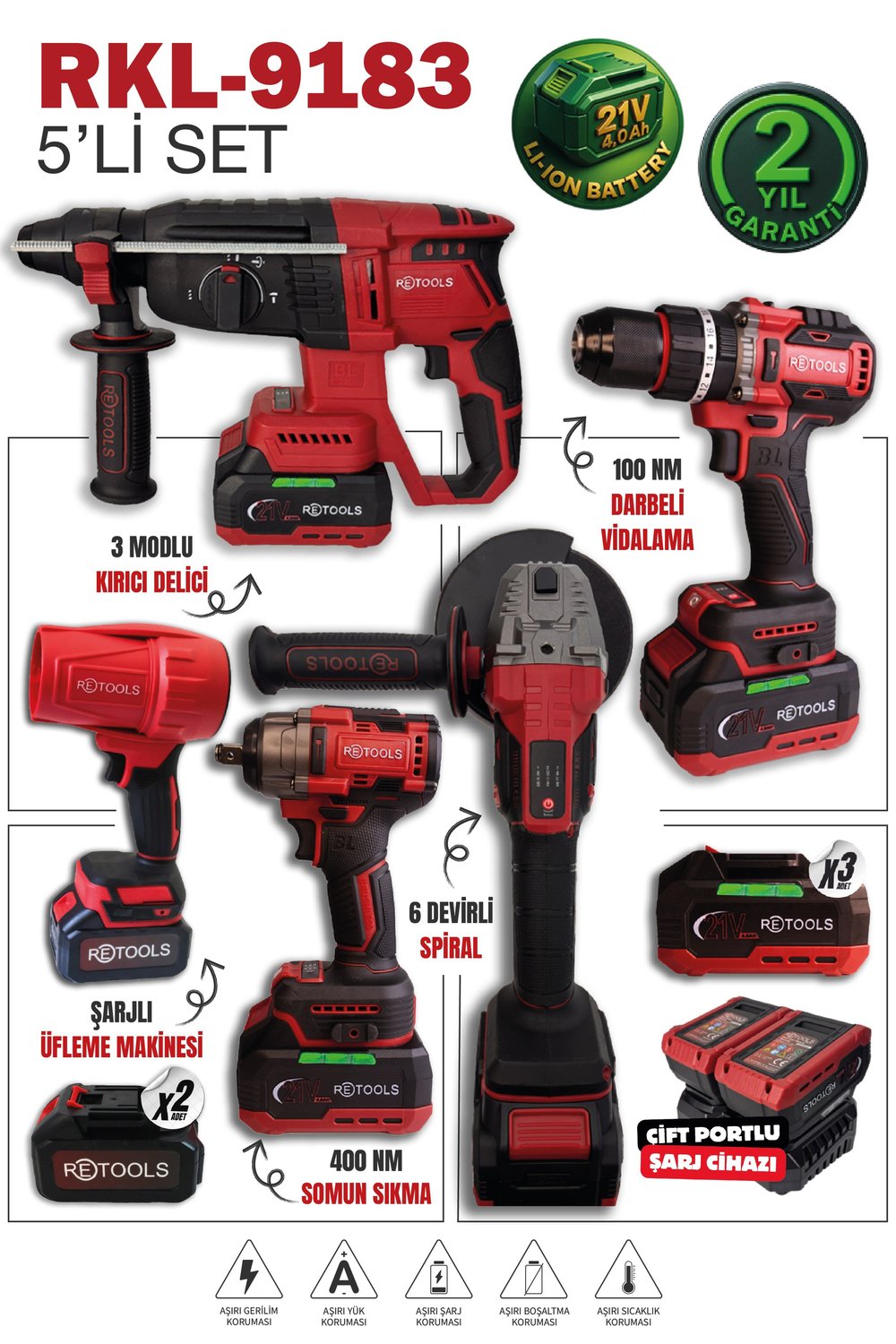 Retools RKL-9183 21V Profesyonel 5'li Set - Hava Üflemeli
