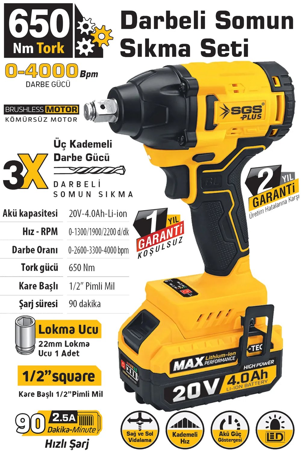 SGS DARBELİ SOMUN SIKMA SETİ 650 NM TORK 1/2” 1*4.0 AH (KÖMÜRSÜZ MOTOR)