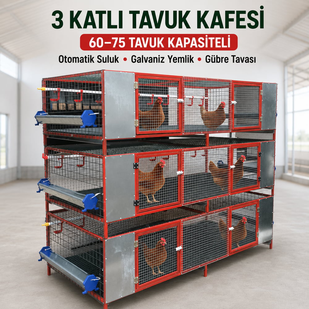 3 Katlı Otomatik Suluklu Tavuk Kafesi – 60–75 Tavuk Kapasiteli