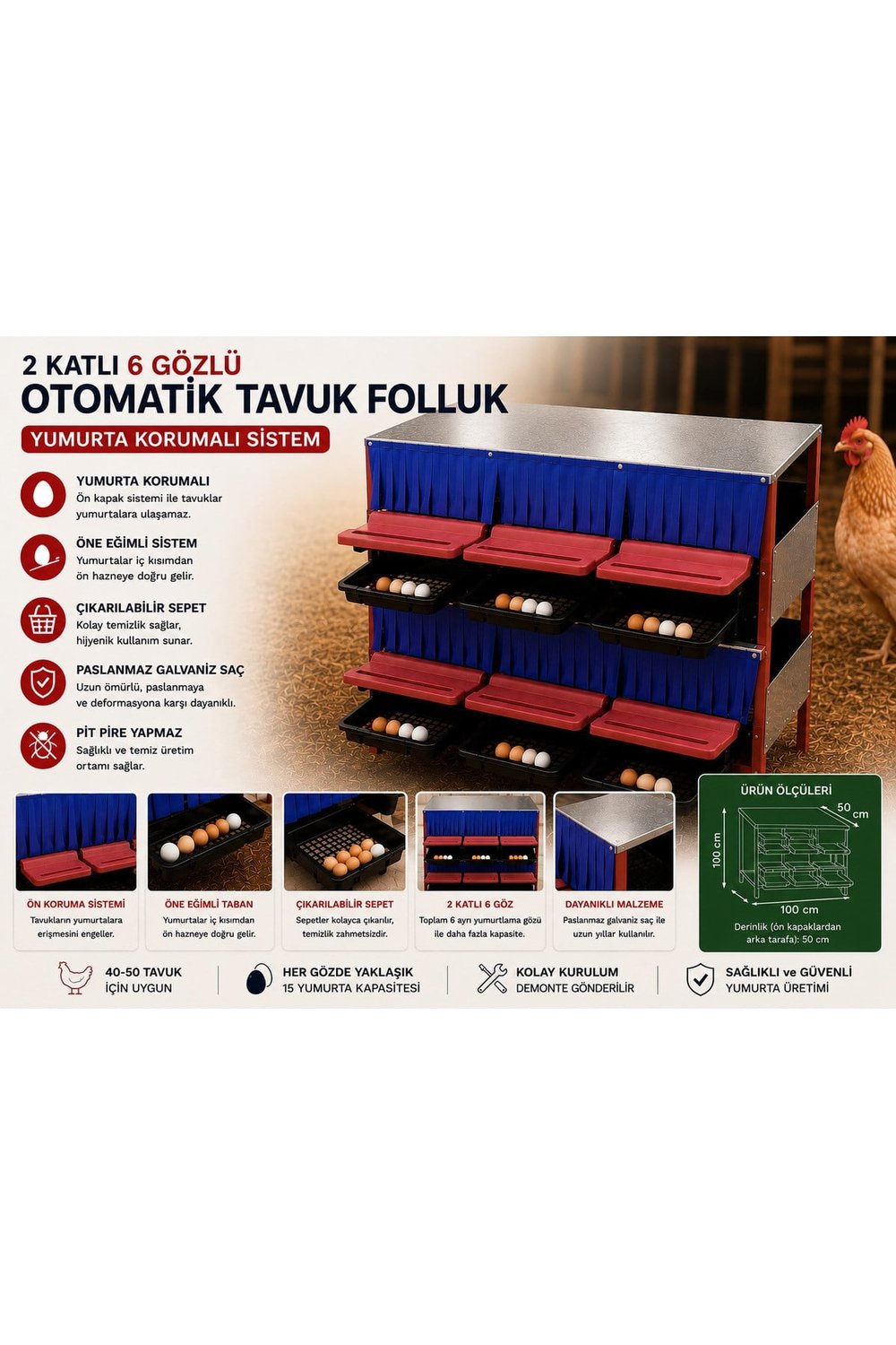 6 GÖZLÜ OTOMATİK FOLLUK GALVANİZ 40-50 tavuk için uygundur.