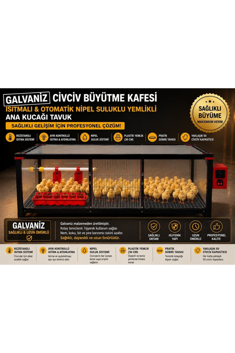 Galvanizli Isıtmalı Civciv Büyütme Kafesi Otomatik Nipel Suluklu Yemlikli Ana Kucağı Tavuk hindi kaz ördek bıldırcın