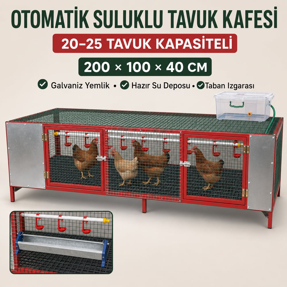 Tavuk Kafesi 20–25 Tavuk Kapasiteli Otomatik Suluklu  – 200 × 100 × 40 cm