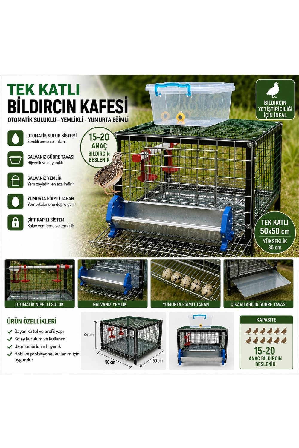 Tek Katlı Bıldırcın Kafesi Otomatik Suluklu Yemlikli Yumurta Eğimli 50x50 cm