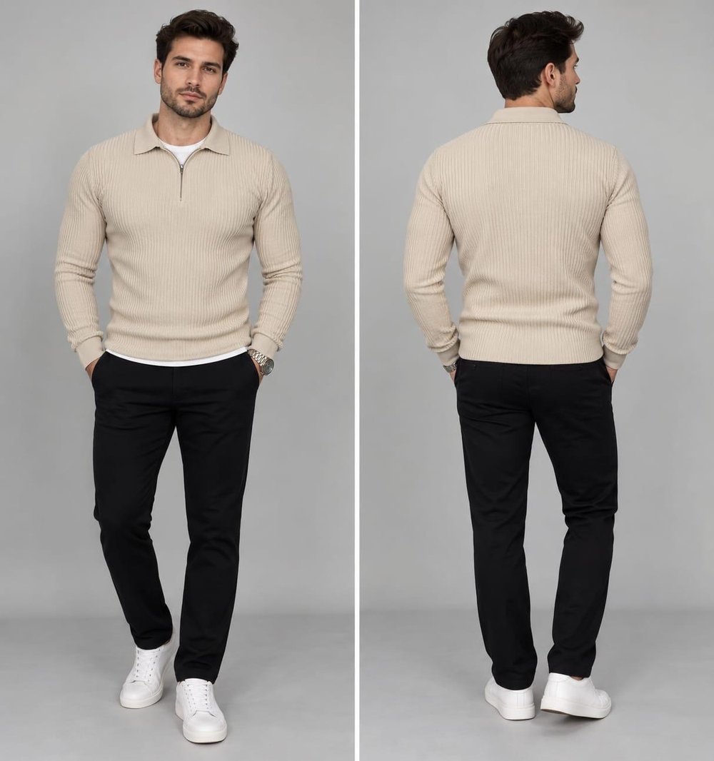 Polo Yaka Triko Sweatshirt - BEJ  - ST 506