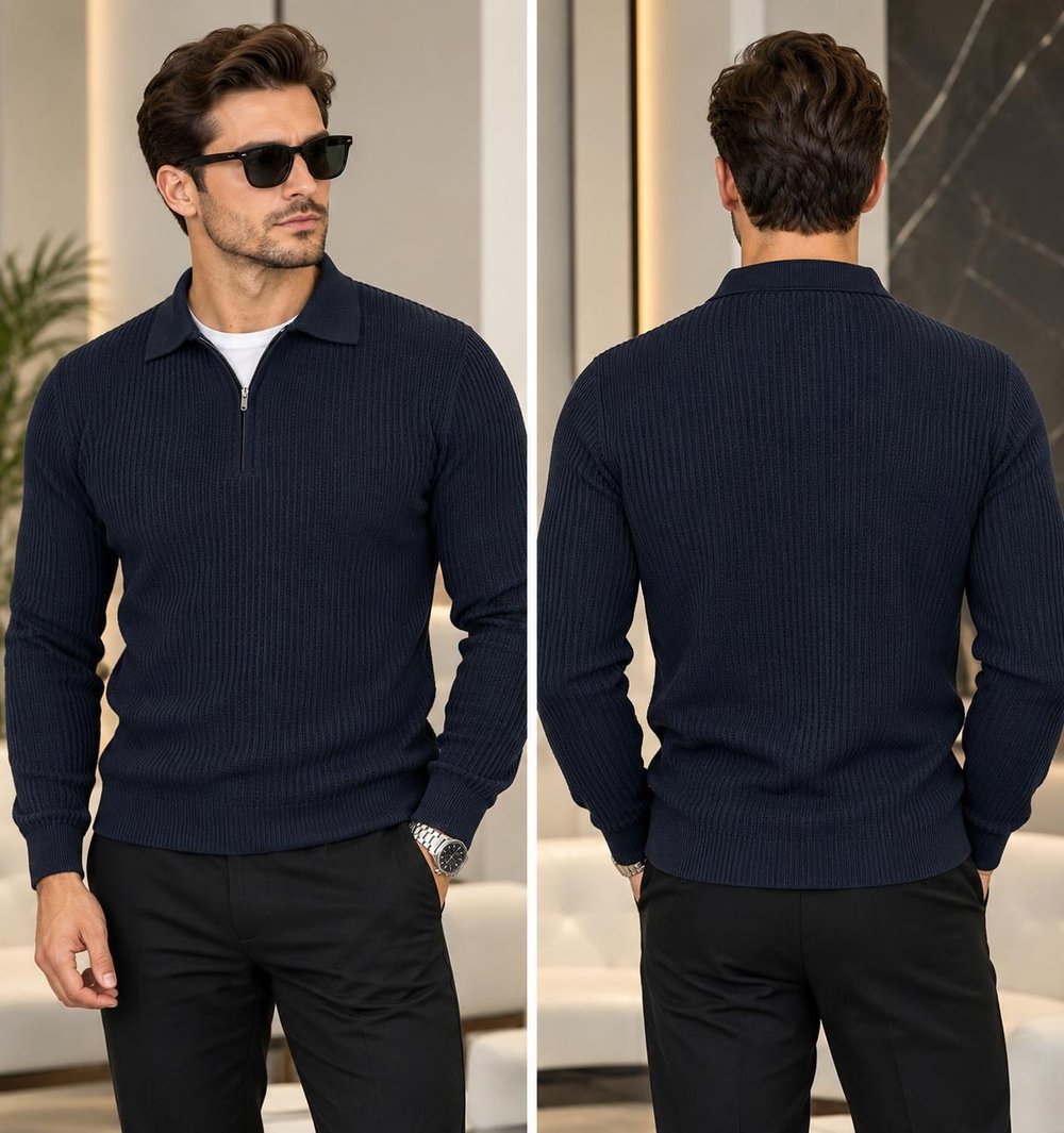 Polo Yaka Triko Sweatshirt - LACİVERT  - ST 506